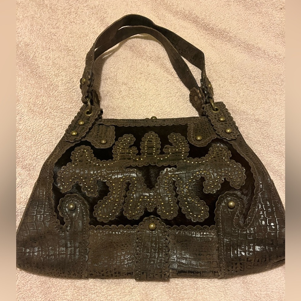 Isabella Fiore 90s Aldic Ging Appliqued Pony Hair Leather Handbag